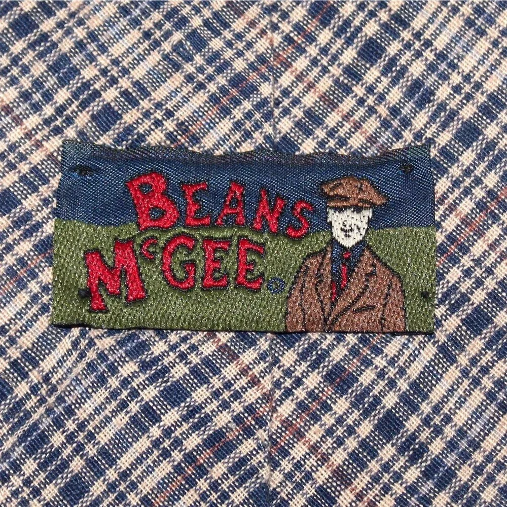 Beans McGee Necktie plaid blue tan vintage USA traditional cotton linen